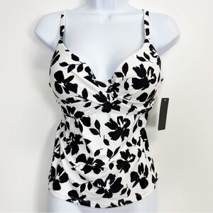 Island Escape Tankini Bikini Top Womens 6 Black White Floral Underwire NWT